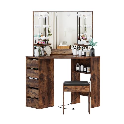 Garvee Corner Vanity Desk and Bench, Makeup Vanity Table with 3-Folding Lighted Mirrors, Charging Station, 5 Drawers for Bedroom Garvee
