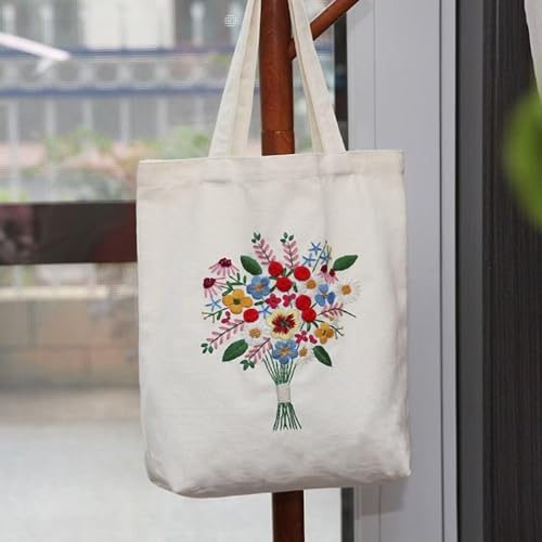 Mordely Flower Bouquet Embroidery Tote Bag Kit for Beginners, DIY Hand Embroidery Starter Set with Canvas Bag, 7.9 Inch Hoop, Colour Threads, 2 Needles and English Instructions