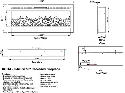 Touchstone Smart Electric Fireplace-The Sideline 50 Inch Wide-in Wall Recessed-30 Realistic Ember Color/Flame Options-1500W Heater w/Thermostat-Black- Log & Crystal Hearth Options -Alexa/WiFi Enabled