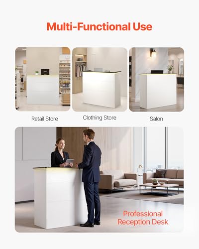 VEVOR Reception Desk, 50 inch Rectangular Front Counter Table, Modern Office Reception Desk with Light Strip, 3 Drawers & Storage Cabinets, Retail Counter Table for Checkout, Lobby, Salon, Office VEVOR