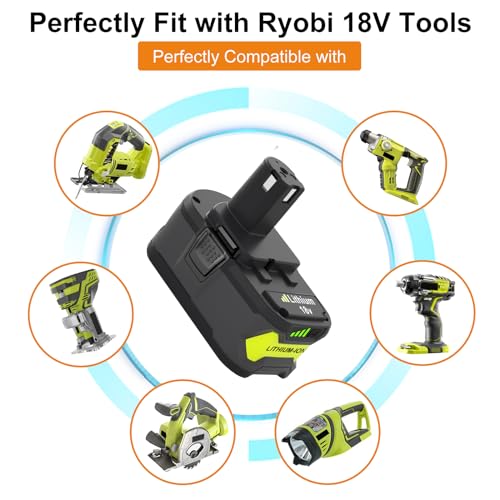 Upgraded 6000mAh P102 & P117 Charger Replacement for Ryobi 18V Battery and Charger Combo Compatible with Ryobi 18V Battery P102 P103 P104 P105 P107 P108 P109 P190(Green) TOPBATT