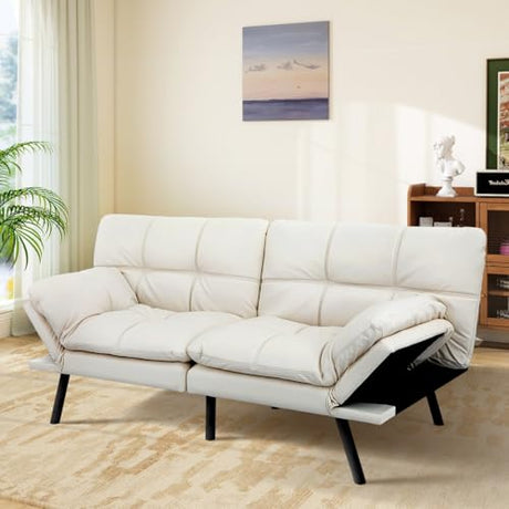 MUUEGM Futon Sofa Bed Memory Foam White Futons Modern Office Couch Sleeper Bed Convertible Love seat Sofa for Small Spaces,Apartment,Office with Adjustable Armrest Backrest MUUEGM