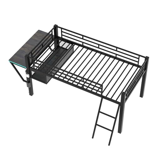 Klwenas Maec Metal Loft Bed Twin Size with Desk & LED Light,Gaming Loft Bed with Vented Mesh Undercarriage Storage & Staircase,Space Saving,Low Loft Bed Frame for Adults Teens Kids,Noise Free (Twin) Klwenas Maec