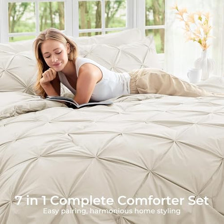 Sasttie Full Size Comforter Set, 7-Piece Bed in a Bag Double, Pintuck Bedding Set for All Season, Includes Comforter, Flat Sheet, Fitted Sheet, Pillowcases and Pillowshams, Beige Sasttie