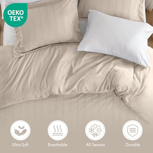 Madison Park Essentials Striped Duvet Cover Set Queen, Modern Minimalist Bedding Set with Premium Jacquard Stripe, 3 Pieces Duvet Cover Reversible with Zipper Closure & Corner Ties,Neutral Madison Park Essentials