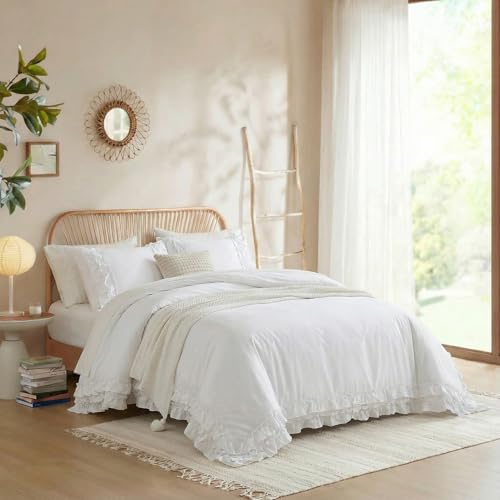 Merryword 100% Cotton Ruffled Comforter Set Queen, White Shabby Chic Farmhouse Bedding Set French Country Cute Comforter Set Merryword