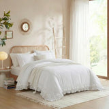 Merryword 100% Cotton Ruffled Comforter Set Queen, White Shabby Chic Farmhouse Bedding Set French Country Cute Comforter Set Merryword