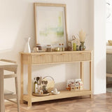 RUSTOWN Fluted Wood Console Table with 3 Drawers, Boho Narrow Behind Couch Entryway Table with Open Storage Shelf, Modern Sofa Table for Living Room, Foyer and Hallway (Natural Wood) RUSTOWN
