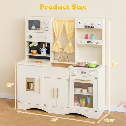 INFANS Kids Kitchen Playset, Cooking Toy Kitchen Set with Coffee Machine Stove Removable Sink Microwave Storage Cabinet, Simulation Wooden Play Kitchen for Toddler Boys Girls (Cream White) INFANS