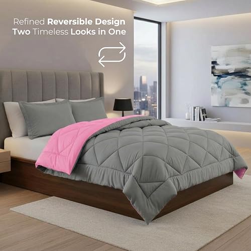Elegance Linen Silky Soft - Goose Down Alternative Reversible 2pc Comforter Set- Available in A Few Sizes and Colors, Twin/Twin XL, Pink/Gray Elegant Comfort