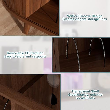 YKVIQBY Large Record Player Stand with LED Lights, Vinyl Record Storage with Charging Station & USB Ports, Record Player Cabinet for Living Room(Natural, 55in) (Walnut, 55in) YKVIQBY
