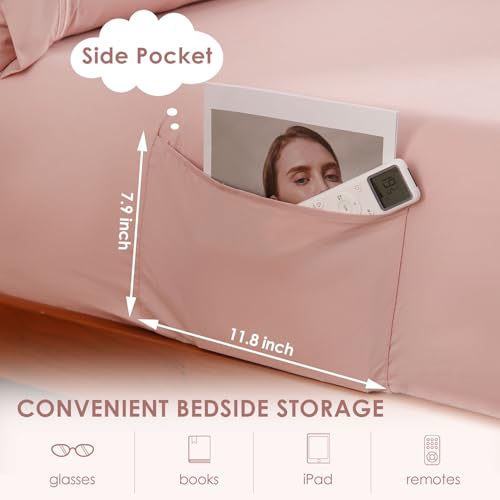 JSD Dusty Pink Twin Sheet Set with Side Pocket Corner Straps, 3 Piece Soft Kids Microfiber Bed Sheets Extra Deep Pocket JSD