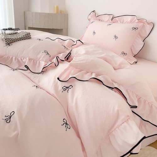 AOJIM Chic Pink Duvet Cover Set 3-Piece with Bow Pattern for Kids Adults, Twin Size Brushed Microfiber Ruffled Bedding Set, 1 Soft Comforter Cover and 2 Pillowcases, for All Seasons AOJIM