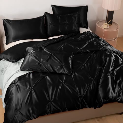 Heywaller 5-Piece Pinch Pleat Duvet Cover Set, Pintuck Duvet Cover Queen Size with Zipper, Black Satin Duvet Cover Shabby Chic Bedding (2 Pillow Shams + 2 Pillowcases), No Comforter Heywaller