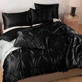 Heywaller 5-Piece Pinch Pleat Duvet Cover Set, Pintuck Duvet Cover Queen Size with Zipper, Black Satin Duvet Cover Shabby Chic Bedding (2 Pillow Shams + 2 Pillowcases), No Comforter Heywaller