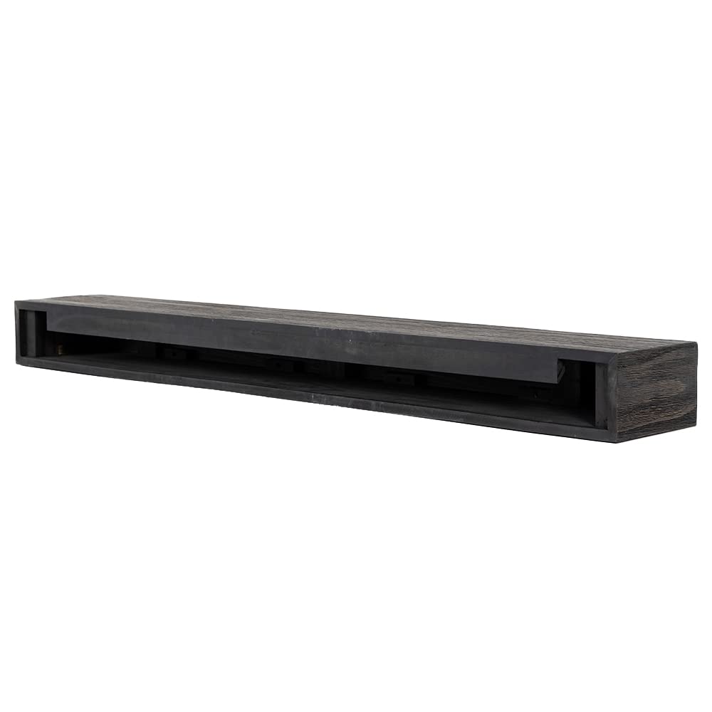 Modern Ember Modern Rustic 72 Inch Wood Mantel Shelf in Charcoal Black Stowe, Wall-Mounted Shelf with Dark Hand Brushed Sand Groove Pattern; for Fireplaces, Hearths & Décor