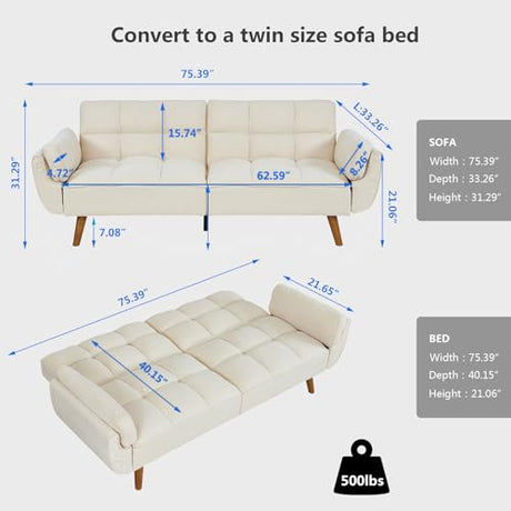 Betoko Convertible Futon Sofa Bed Sleeper Twin Size, Modern Reclining Linen Split Back Sofa Couch with Pillow Top Arm for Compact Living Room,Apartment (Beige) Betoko