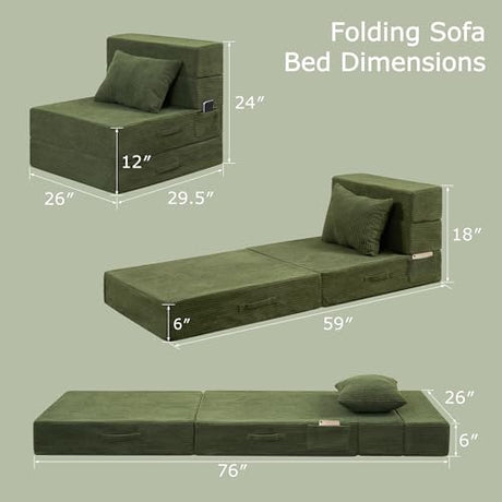 HILERO Folding Sofa Bed, 4 in 1 Convertible Sleeper Chair with Pillow, Single Memory Foam Fold Out Chair Bed, Modern Floor Futon Sofa Couch Mattress for Living Room/Guest/Apartment, Green HILERO