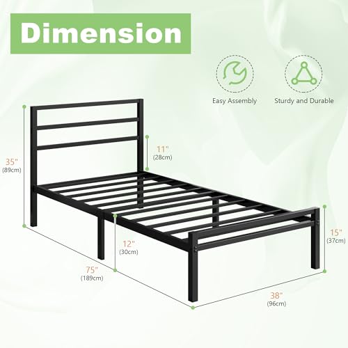 Lutown-Teen 12 Inch Twin Bed Frame with Headboard and Footboard, Classic Metal Platform Bed Frame Twin Size, No Box Spring Needed, Easy Assembly, Noise Free, Black Lutown-Teen