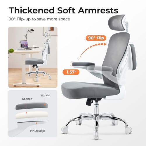 shipborne Office Chair Ergonomic Office Chair with Lumbar Support, Head Support, Rocking Function, FILP-up Armrests, Mesh High Back Chair Home Office Desk Chair, Suitable for Home, Office, Grey shipborne