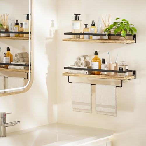 AMADA HOMEFURNISHING Bathroom Shelves with Towel Bar, Floating Shelves, Wall Shelves for Bathroom/Living Room/Kitchen/Bedroom, Light Brown Shelves Set of 2 - AMFS01 - WoodArtSupply