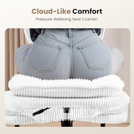 Cross Legged Office Chair, Ergonomic Cloud Criss Cross Desk Chair, Meditation Chair with Wheels, Height Adjustable Seat for ADHD, Wide Kneeling Chair with Back Support, Corduroy Fabric, White HOMRELEXA