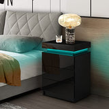 CLIPOP Modern Nightstand, LED Night Stand with 3 High Gloss Chest of Drawers, Bedside Table Cabinet with Remote Control Lights, Wood Matte Nightstand 21.6" Tall Bedroom Furniture, Black CLIPOP