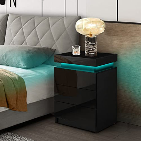 CLIPOP Modern Nightstand, LED Night Stand with 3 High Gloss Chest of Drawers, Bedside Table Cabinet with Remote Control Lights, Wood Matte Nightstand 21.6" Tall Bedroom Furniture, Black CLIPOP
