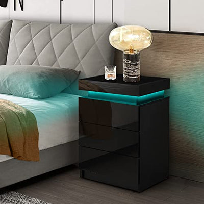 CLIPOP Modern Nightstand, LED Night Stand with 3 High Gloss Chest of Drawers, Bedside Table Cabinet with Remote Control Lights, Wood Matte Nightstand 21.6" Tall Bedroom Furniture, Black