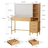 EOYUTLLY 48" Fluted Makeup Vanity Desk with 36" Mirror and Light,Glass Top Wooden Vanity Table with Charging Station,5 Drawers, 3 Adjustable Shelves & 3 Color Lighting Mode, Bedroom Dressing Table,Oak EOYUTLLY