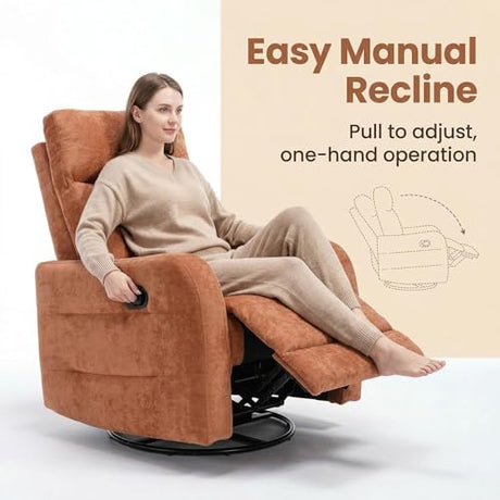 MAKOSAR 360° Swivel Glider Rocker Recliner Chair, Manual Reclining Sofa Chair with Side Pull Handle,Fabric Upholstered Lounge Chair for Living Room, Bedroom,Nursery,Office (Orange-Red-Swivel) MAKOSAR