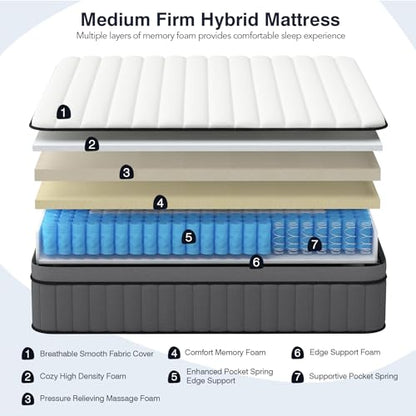 DIFAME King Size Mattress,16 Inch Hybrid King Mattress in a Box,Memory Foam Mattress King Size with Individual Pocket Spring,Medium Firm Mattress for Pressure Relief,Edge Support