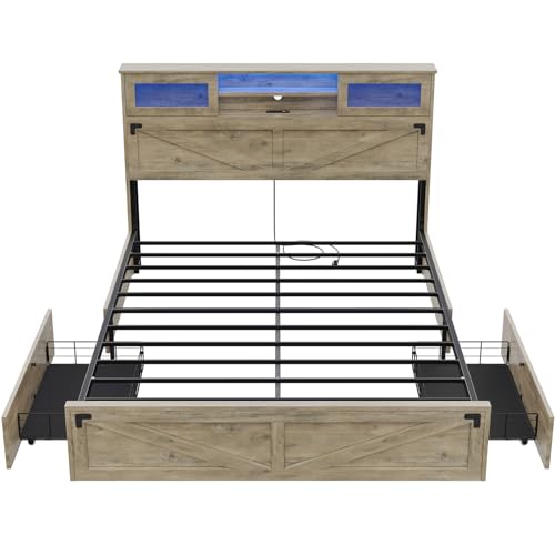 Hasuit Rustic Oak Queen Bed Frame with Bookcase Headboard, LED Lights, Charging Station & 2 Drawers - WoodArtSupply