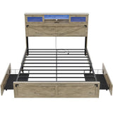 Hasuit Rustic Oak Queen Bed Frame with Bookcase Headboard, LED Lights, Charging Station & 2 Drawers Hasuit