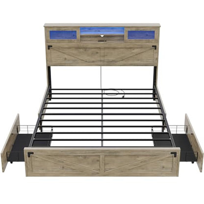 Hasuit Rustic Oak Queen Bed Frame with Bookcase Headboard, LED Lights, Charging Station & 2 Drawers - WoodArtSupply