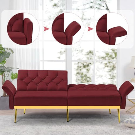 ACMEASE Velvet Sofa Bed w/Adjustable Armrests & Backrests, Modern Convertible Sleeper Sofa, Tufted Futon Sofa for Bedroom, Living Room, Apartment, Red ACMEASE