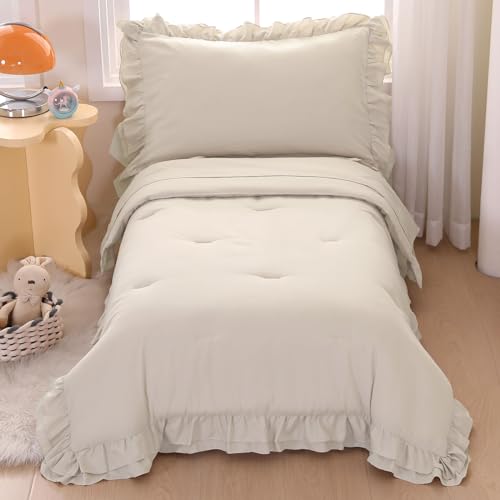 Wowelife Toddler Comforter Set for Girls, Pale Beige Toddler Bedding Set, 4 Pieces Double Ruffles Soft and Breathable Bed Set Includes Comforter, Fitted Sheet, Flat Top Sheet and Pillowcase Wowelife
