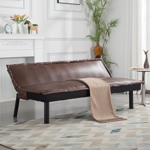 Brown Faux Leather Sofa Bed with Full Size Futon Frame, Convertible Reclining Couch with Tufted Backrest, Compact Sleeper Loveseat for Living Room, Guest Room, or Office – 64.6” (PU Leather, Brown) LIMNGZMEENN