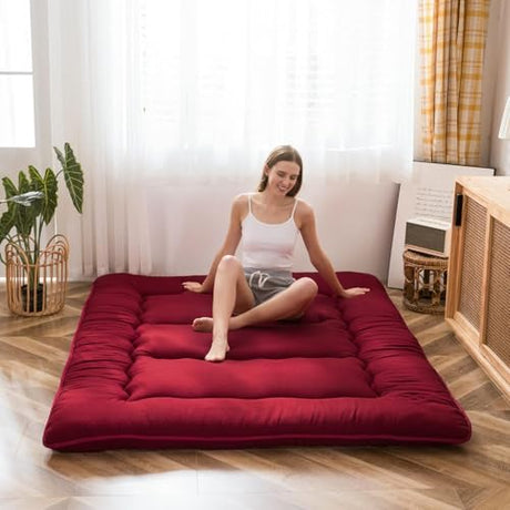 MAXYOYO Japanese Floor Mattress Futon Mattress, Thicken Sleeping Pad Foldable Roll Up Floor Futon for Adults Tatami Mat Dormitory Bed Lounger, Burgundy, Full Size MAXYOYO