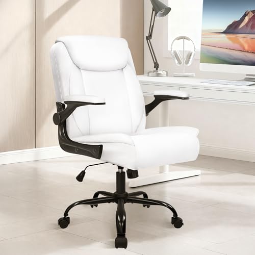 NEO CHAIR Office Desk Computer Chair Ergonomic Executive Mid-Back Leather Gaming Chair with Adjustable Flip-Up Armrests Wheels Swivel for Home Study Task (White) NEO CHAIR