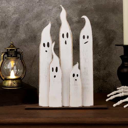 Halloween Table Decorations Indoor: Farmhouse Halloween Cute Ghost Decorations, Slender White Ghosts Wood Plank Signs Set, Rustic Tiered Tray Decor Wooden Ghost Desk Office Decor for Home Kids Treory