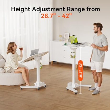 WALKINGDESK Foldable Pneumatic Height Adjustable Mobile Standing Desk with 90° Tiltable Tabletop, 27.2x18.9 Inch Portable Laptop Desk with Wheels, Holds Up to 66.1lbs for Home Office, Study, White WALKINGDESK