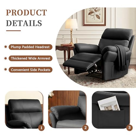 AIRSKY Genuine Leather Recliner Chair, Top Grain Leather, Italian Water-Washing Process, Reclining Sofa Chair for Reading, Single Sofas for Living Room, Theater Seating, Bedroom. Black,R1 AIRSKY