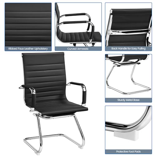 Yaheetech Faux Leather Office Reception Chair Without Wheels Mid Back Ergonomic Guest Chairs for Conference Reception Room Waiting Room, Set of 2 Black