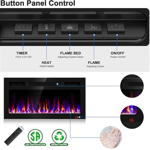 31 Inch Electric Fireplace Recessed and Wall Mounted, Fireplace Heater and Linear Fireplace, Ultra-Thin Electric Fireplace, Low Noise, with Timer, Remote Control, Adjustable 12 Flame Color, 750/1500W Sixfivsevn