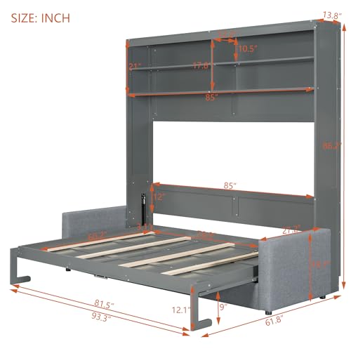 MERITLINE Queen Murphy Bed with 4 Seat Couch and Storage Shelves,Wood Folding Grey Murphy Wall Bed Cabinet with Storage and Sofa MERITLINE