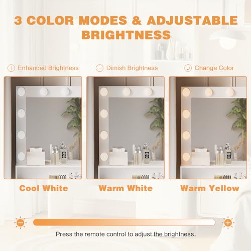 YESHOMY Vanity Desk with Mirror, Power Outlet and 10 Lights, Makeup Table with 4 Drawers, 3 Color Modes Available for Bedroom, White YESHOMY