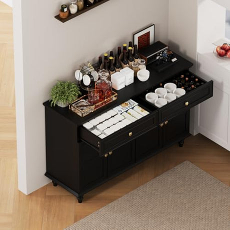 PROXRACER 47.6" Buffet Sideboard with 2 Drawers and 4 Doors, Wooden Kitchen Storage Cabinet with Adjustable Shelves, Rustic Top Console Table for Dining Room, Kitchen, or Entryway,Black PROXRACER