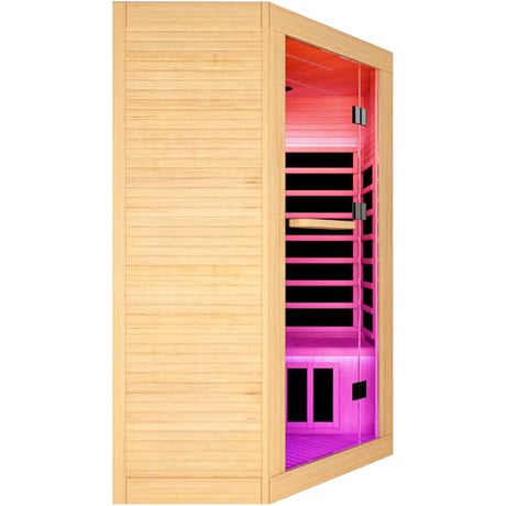 2-3 Person Corner Infrared Sauna Cabin 2180W Home Dry Steam Sauna with Colorful Lights and Bluetooth Speaker, Low Electromagnetic Radiation Canadian Hemlock Wood Dimensions 47.2 x 47.2 x 74.8 inches RIGO