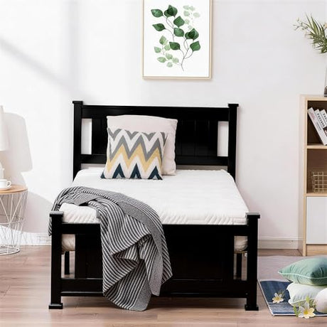 Bonnlo Twin Size Solid Wood Platform Bed Frame, Single Bed with Headboard, No Box Spring Needed Panel Bed, Wood Slat Support Mattress Foundation,Black Bonnlo